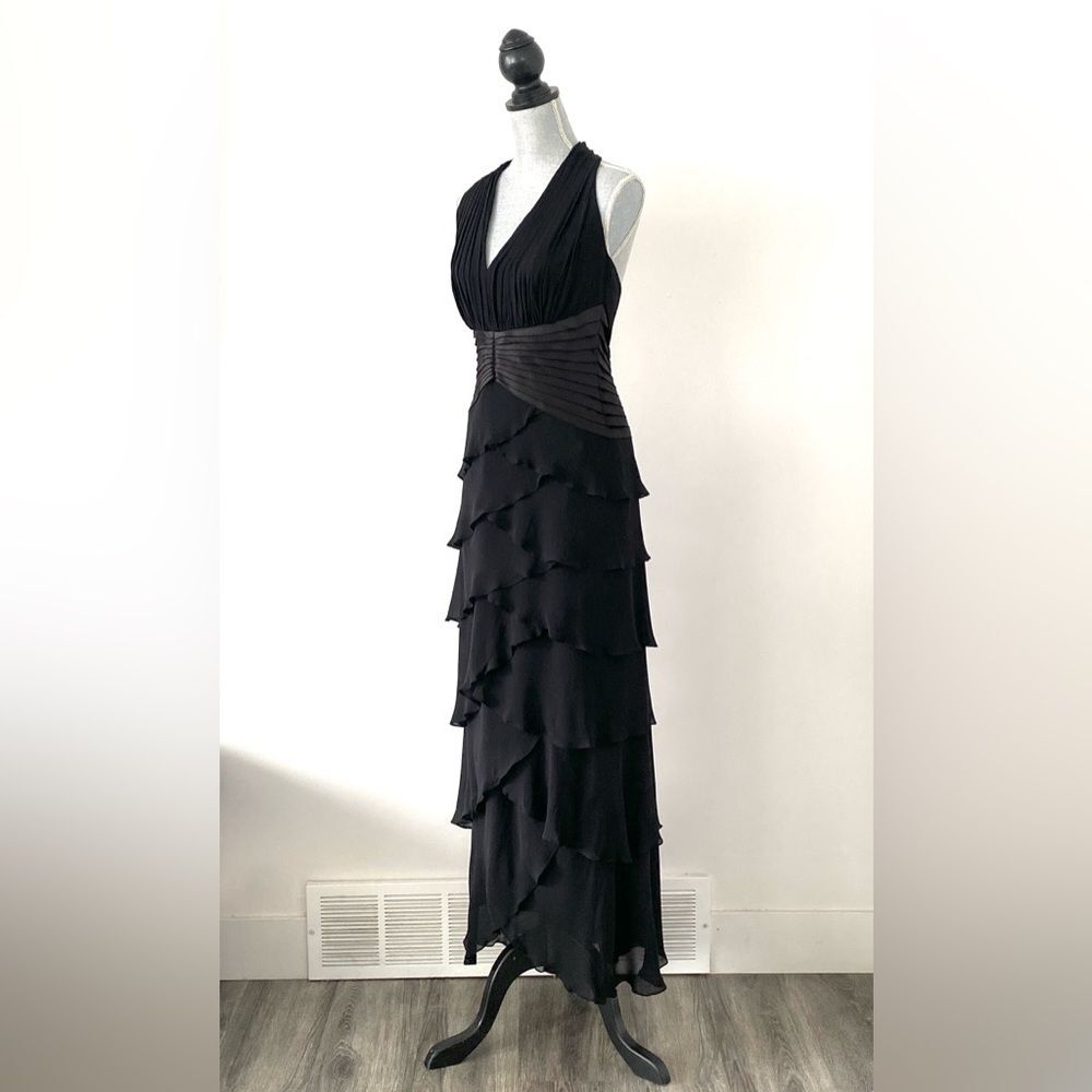 Tadashi Black Silk Chiffon Evening Dress Sz 8 Halter Neck Layered Romantic Goth